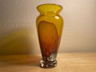 Rubi Fine Art Glass Studio Handblown Heavy Honey Amber Layered Iridescent Speckled Vase Murano Italian Czech Style MCM