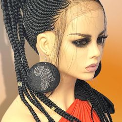 Feed in cornrows braided black wig, lace closure Ghana weave, braided lace wig long wig NWOT, gorgeous, must have, box braids wig

