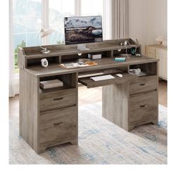 Bestier Farmhouse 59" Executive Desk with Drawers, Wood Computer Desk