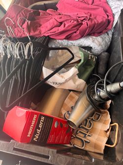Shoes, hair dryer, bed frame, lamp and much more