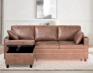 PU leather 3 seat sofa bed, storage chaise , cup holders, side pockets