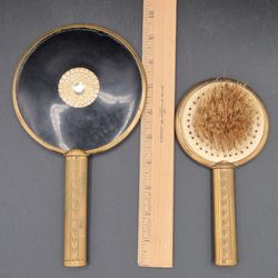 Vintage 2 Pc Brass Handled Vanity Set, Brush & Hand Mirror