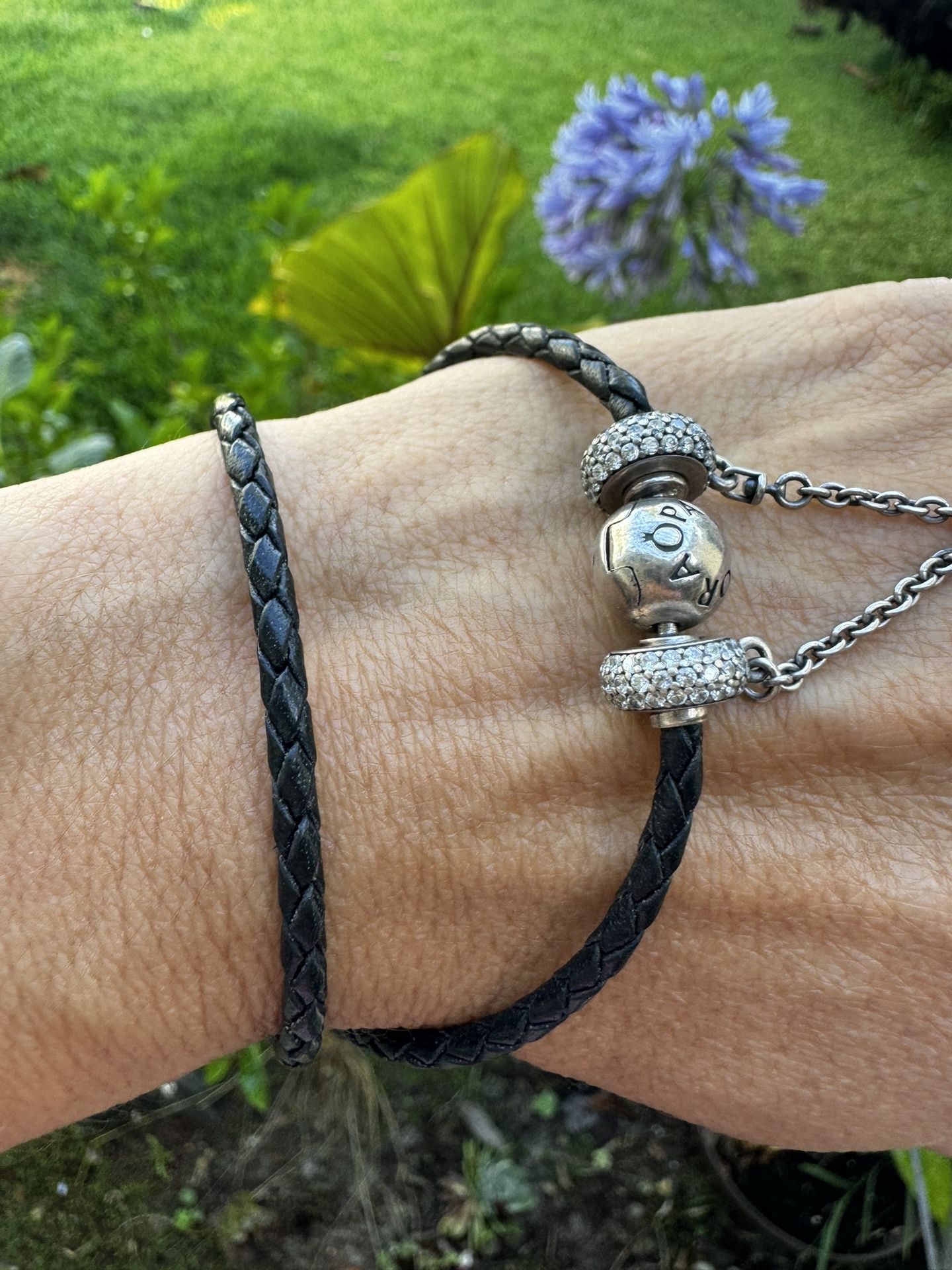 Pandora Signature Logo Double Wrap Leather Charms Bracelet + Safety Chain