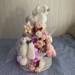 4-Tier Baby Girl Glitter Princess Theme Diaper Cake with Lights & Plushies