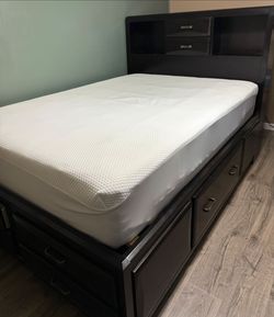 Dark Wood Storage Bed Frame w/ Drawers + TullLuxe Hybrid Mattress