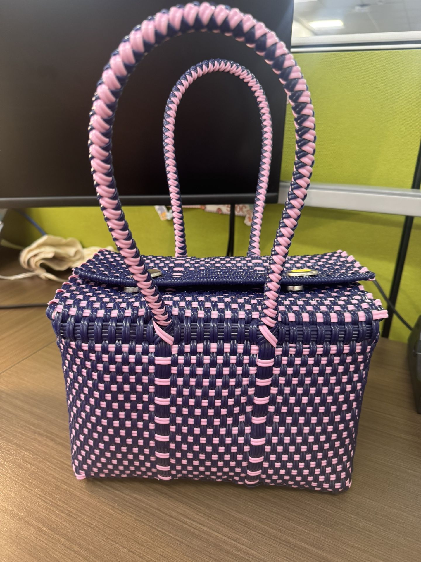 MEXICAN FOLK ART ARTISAN HANDMADE RECYCLED PLASTIC WOVEN PURSE TOTE SQUARE BOX