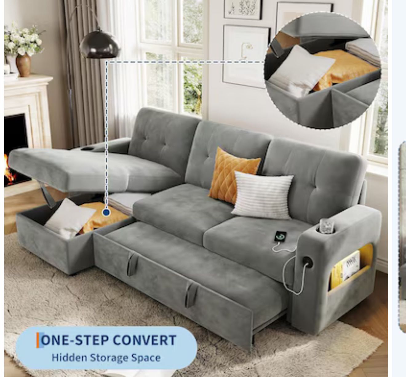 GarveeHome 84 Inch Sleeper Sofa Couch, L-Shaped Sofa, Convertible Pull Out Sofa Bed with Storage, Charging Station, Led Lights, Modern Sectional Sofa