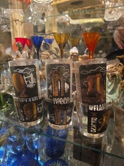 Set Of 7 MCM Libbey TWA Destination Country Gold Black Highball Glasses 