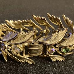Vintage 1950's Feathered Leaf Gold Tone & Asst Colored Rhinestones Bracelet 