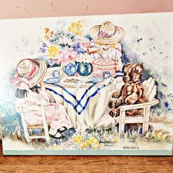 “Three for Tea” Helen Paul Framed Wall Art 29”x25” Girls Tea Party Scene