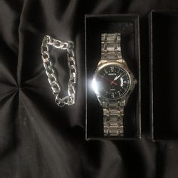 silver watch and link bracelet