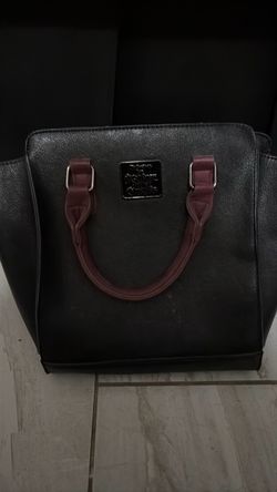 Black Leather Tote Handbag with Burgundy Handles