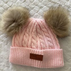 FAS Jeans Beanie OS Dusty Rose Double Pom Cable Knit Wool