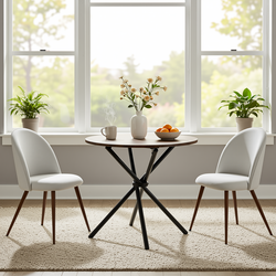 Homy Casa FONTANA+HAVEN 3PC Dining Set 31.5” Round Table with 2 Haven Beige Fabric Chairs Walnut Finish