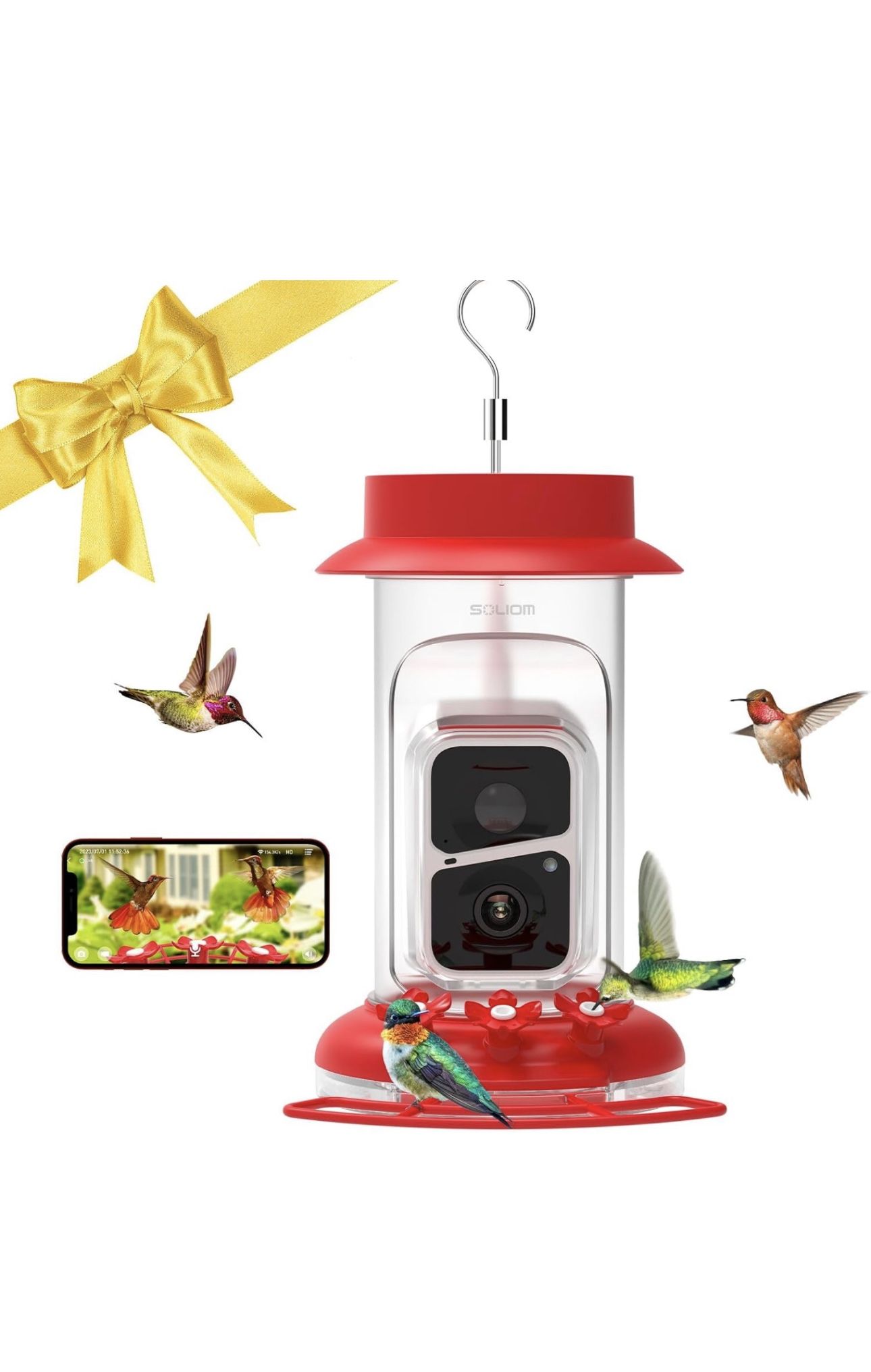 Soliom Humbirdy-The Original Hummingbird Feeder Camera with Ant Moat,Bee Proof,AI Identify Bird Species,Bird Watching Camera W/ 3 Feeding Ports