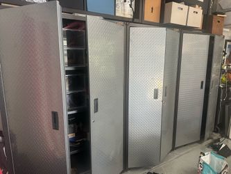 Gladiator Garage Storage System – (3) Tall Cabinets, Rolling Cabinet & Hardwood Workbench