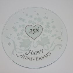 Vintage Serving Platter 25th Silver Anniversary Tray L.E. Smith Clear Glass 13.5"