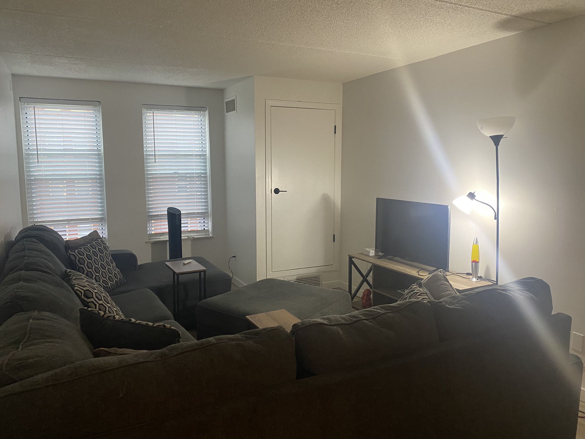 Cozy Essentials : Sectional, TV Stand, TV- Moving Sale! 