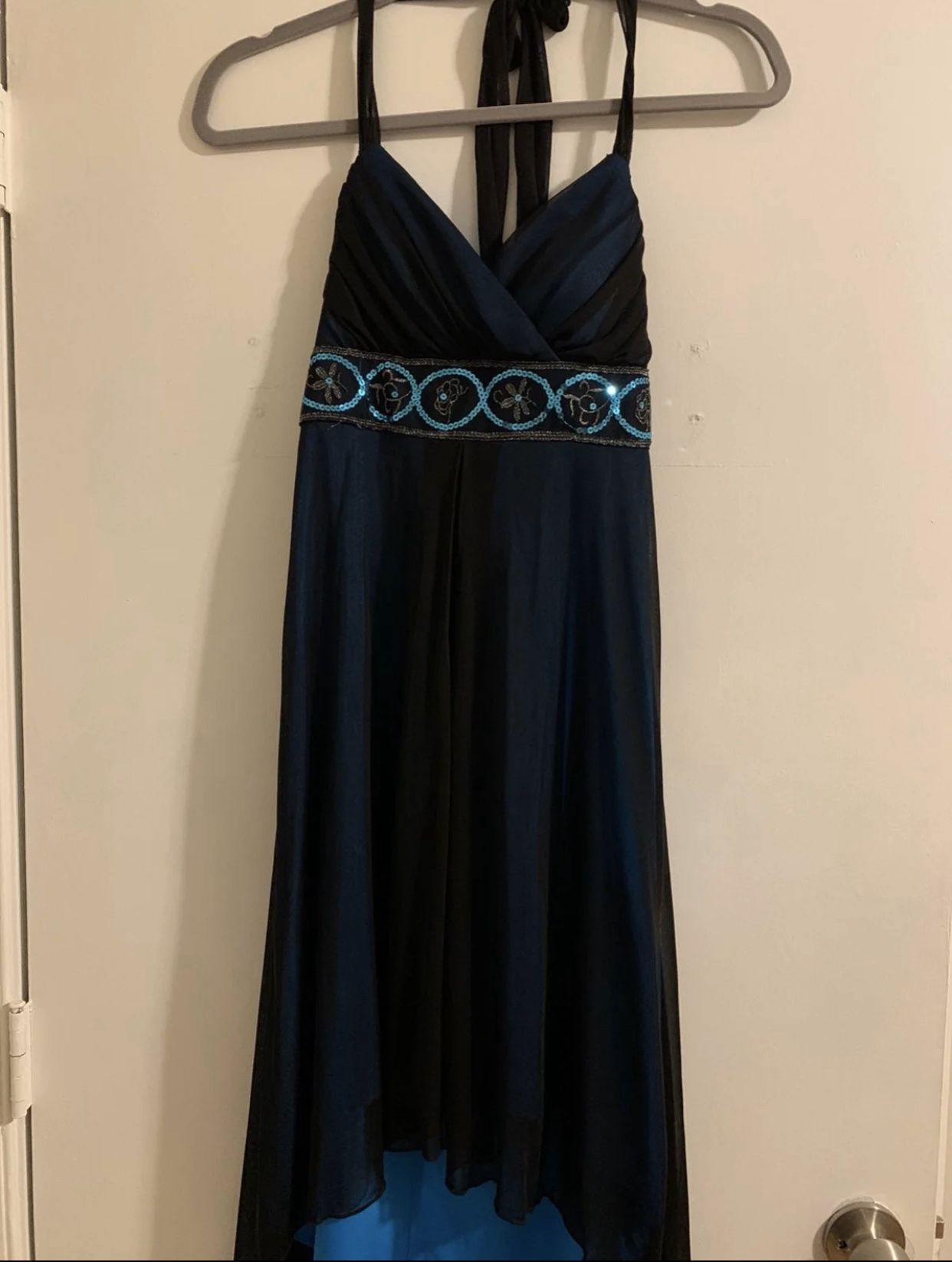 High-low halter blue sequin formal long dress