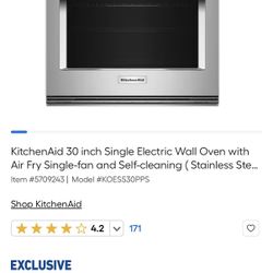 NEW | KitchenAid 30 inch Single Electric Wall Oven with Air Fry Single-fan and Self-cleaning