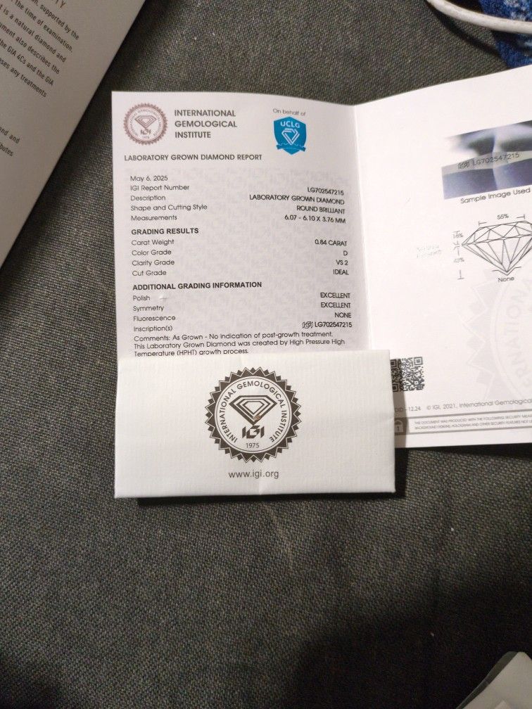 IGI Certified Round  Lab Diamond 0.84ct