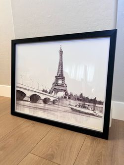 32x25 Glass Framed Matte Black and White Cathedral of PARIS Eiffel Tower Charcoal Pencil Artwork