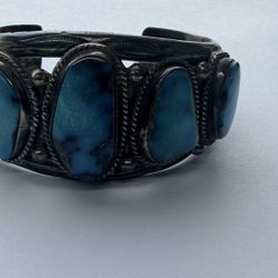 Large 5 Stone Turquoise Heavy Sterling Silver Cuff 925 