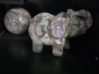 Moss Agate Sphere & Elephant Carving