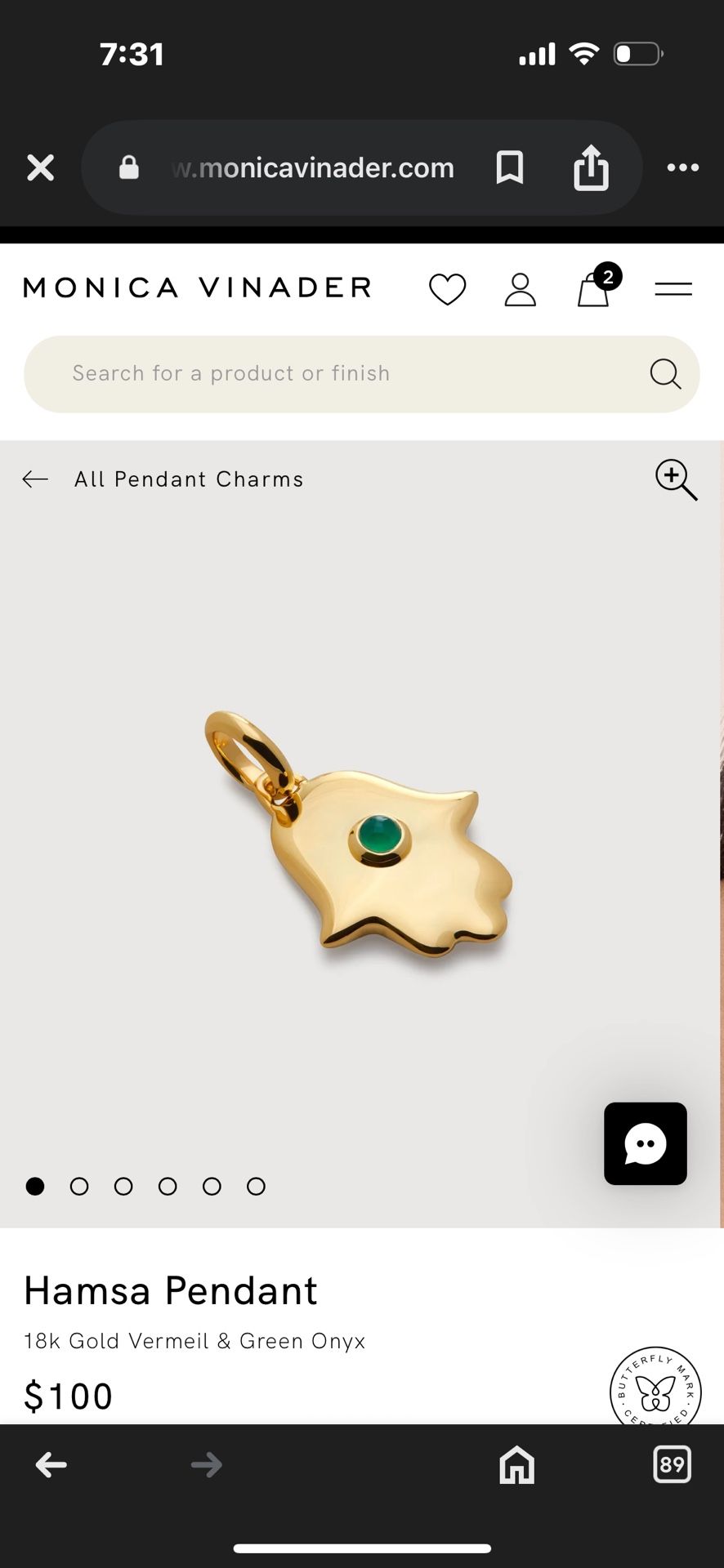 Monica Vinader Hamsa Pendant 18k Gold Vermeil & Green Onyx