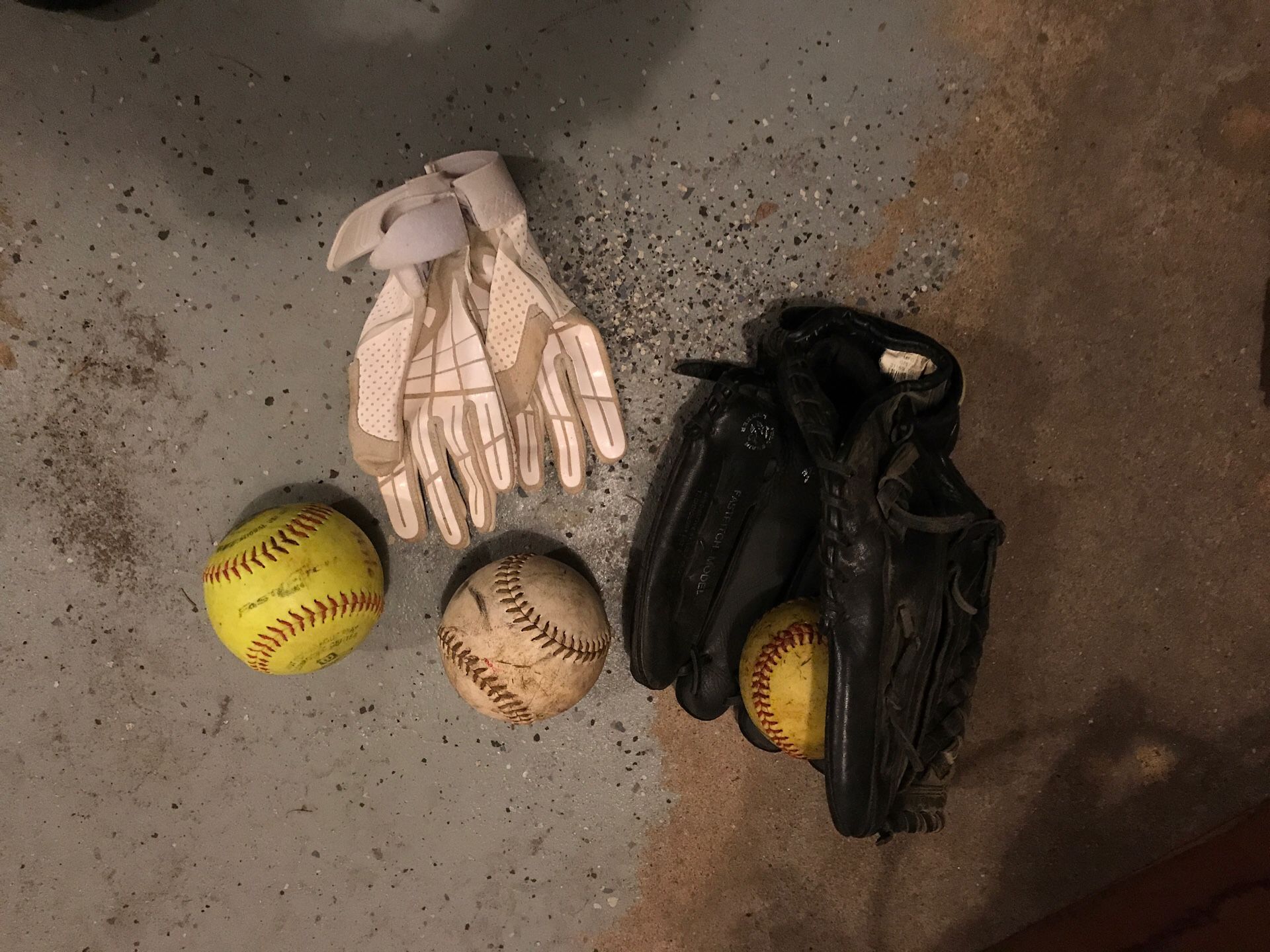 Youth softball glove, batting gloves & 3 softballs