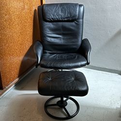 Vintage IKEA Stressless Style Black Leather Lounge Chair & Ottoman