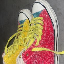 glittery multicolored converse with fuzzy laces