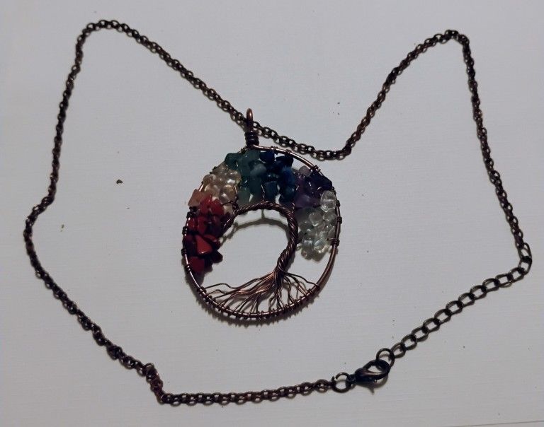 Seven Chakra Gemstone Copper Wire Wrap Tree Of Life Pendant Necklace