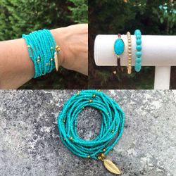 Stretch Gold Bracelet, Cha , Beaded, Bohemian , Bracelet Set, Turquoise Bracelet, Genuine Healing Stone, Sliding Knot, Handmade, Adjustable