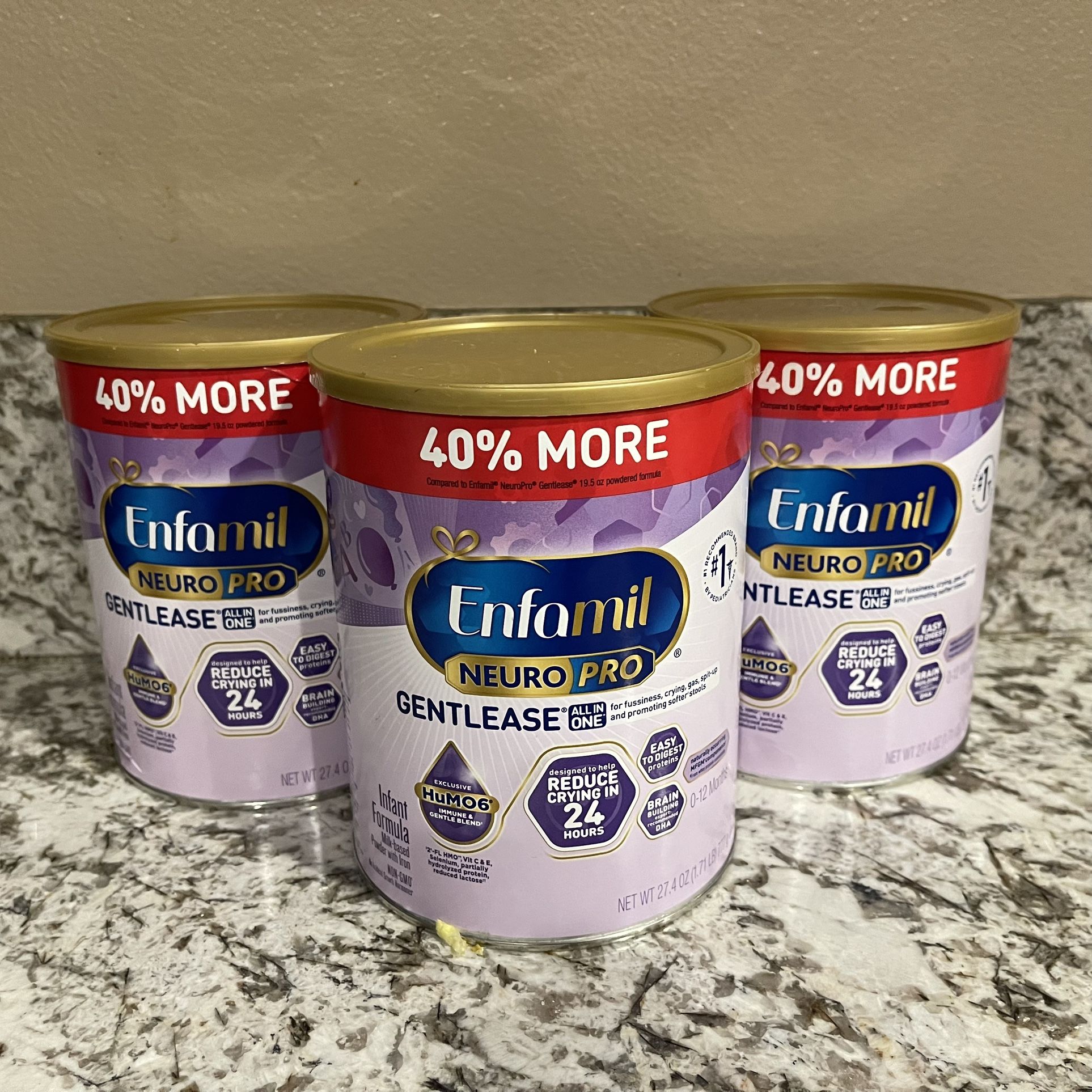 3 LARGE 27.4 Oz CANS of Enfamil Neuro Pro Gentlease Sensitive Baby Formula 40% More Free/40% Mas Gratis