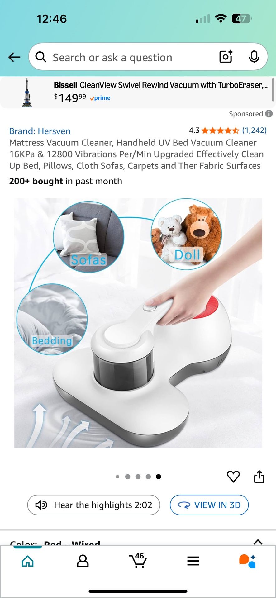 Mattress Vacuum Cleaner, Handheld UV Bed Vacuum Cleaner 16KPa & 12800 Vibrations Per/Min Upgraded Effectively Clean Up Bed, Pillows, Cloth Sofas, Carp