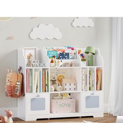 Toy Storage Organizer, 46'' Toy Shelf, Bookshelf with White and Blue Bookcase & 2 Storage Cubbies Toy Box, Toy Storage Cabinet for Playroom, Bedroom,