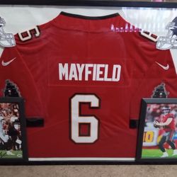 BAKER MAYFIELD OF THE TAMPA BAY BUCCAN, STITCHED, BRANDED, AUTHENTIC JERSEY, WITH SIGNED PHOTO, COA.
