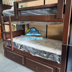 Triple Brown Bunk Bed With Mattresses Trundle Included New