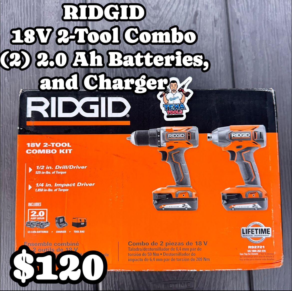 RIDGID 18V Cordless 2-Tool Combo Kit with Drill/Driver, Impact Driver, (2) 2.0 Ah Batteries, and Charger