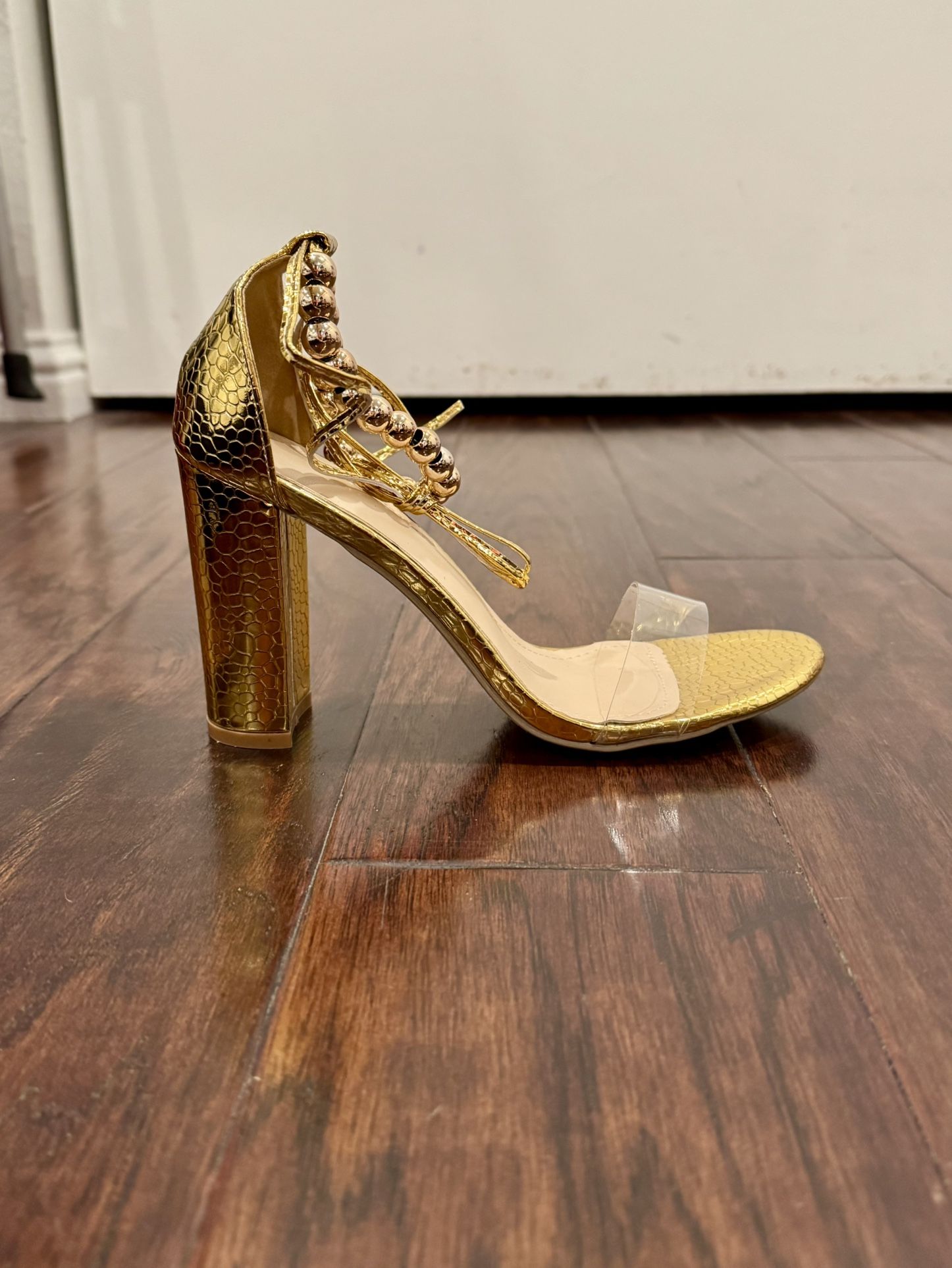 Dressy Gold Heels With Clear Strap