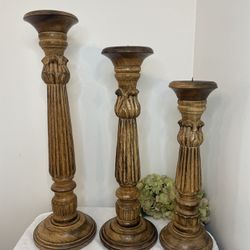 Set Of 3 Large Wooden Candle Holders Pilar