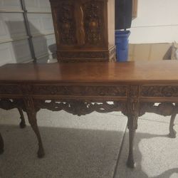 Hand Carved Antique Buffet Tabled & Liquor Cabinet