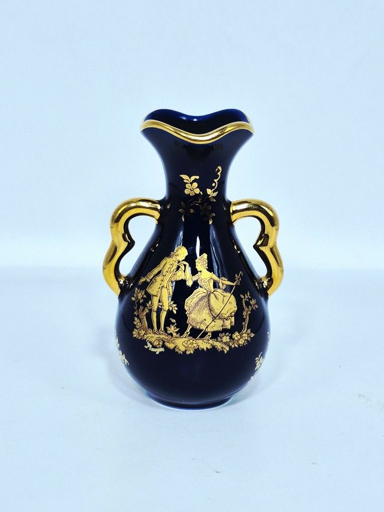 Vintage Limoges Castel Cobalt Blue 22 K Gold Accent Romantic Couple Vase