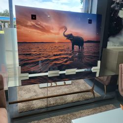 70” NEW DESIGN TV STAND MIRRORED WIYH GOLD DETAILS 