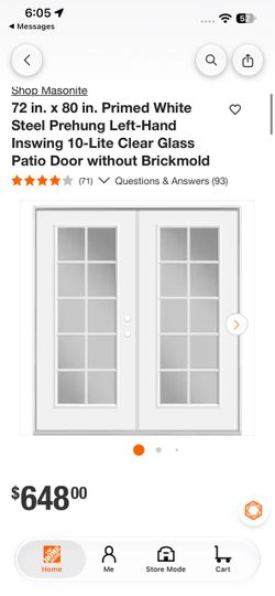72 in. x 80 in. Primed White Steel Prehung Left-Hand Inswing 10-Lite Clear Glass Patio Door without Brickmold