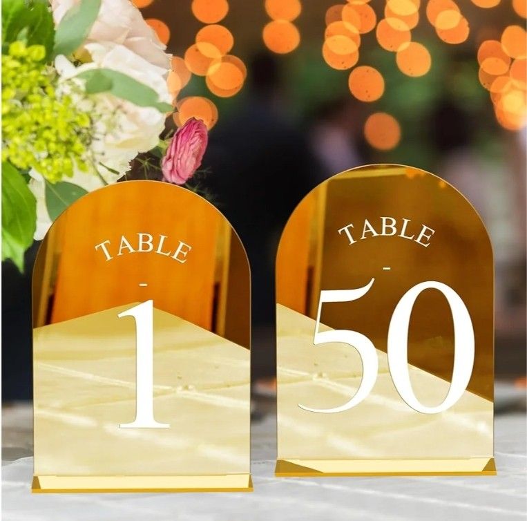 Arch Wedding Table Numbers 1-50 with Stands – 5" X 7" Acrylic Mirrored Gold Table Number Holders, Perfect for Wedding Receptions, Parties, Anniversari