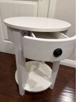 White 2-Tier Round End Table with Drawer and Storage Shelf