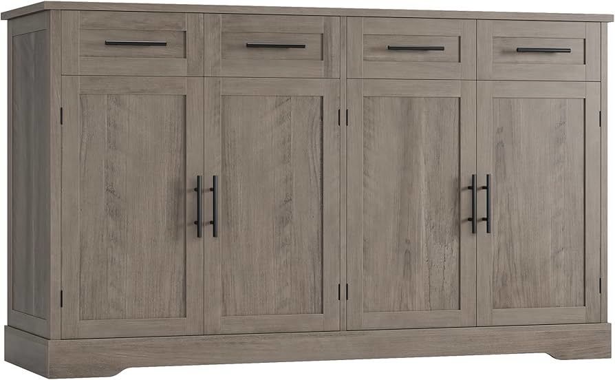 60" Large Buffet Sideboard with Storage, 36" Tall Kitchen Buffet Storage Cabinet with 4 Drawer, Modern Coffee Bar Cabinet with Black Handle, Long Side