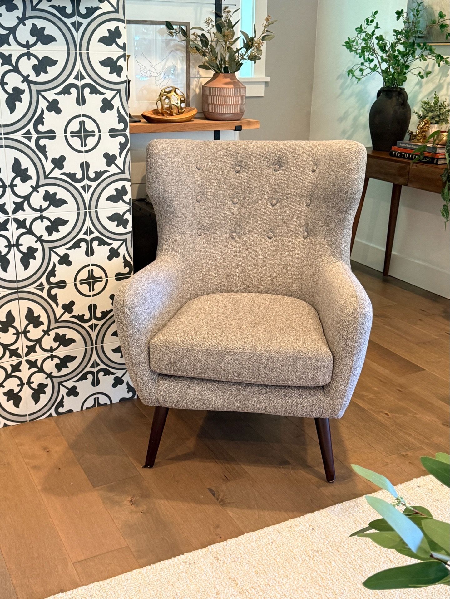 Mid-mod grey wingback chair